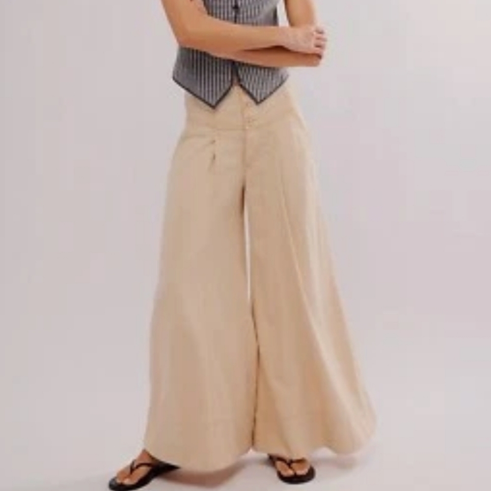 Free People Tan Wide-Leg Pants Maxed Out Wide-Leg Trousers Size 6